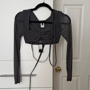 Fashion Nova Charcoal Mesh Long Sleeve Cropped Tie Top